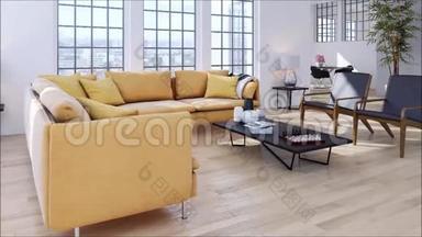 现代明亮的内部公寓客厅配有沙发3D渲染插图